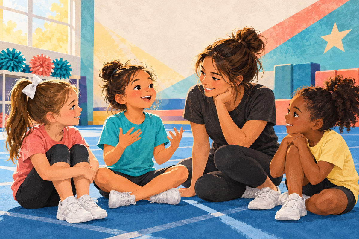 Illustration: Ein Kind erzählt auf einer Cheer-Matte; zwei weitere Kinder und eine Coachin hören aufmerksam zu.