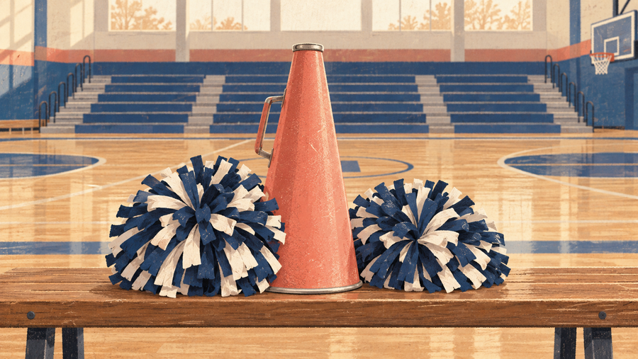 Symbolillustration eines korallfarbenen Megaphons und blau-weißer Poms auf einer Bank in einer leeren Sporthalle.