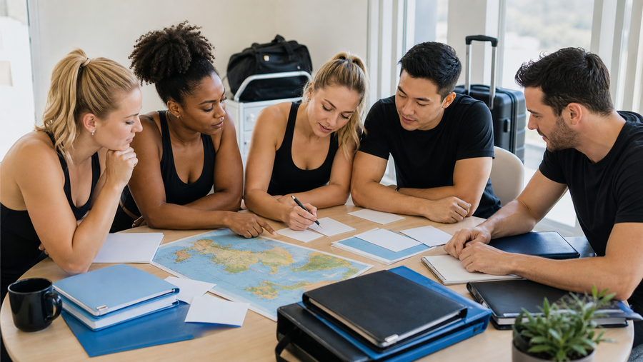 Fiktives Cheer-Team plant mit einem Coach eine internationale Wettkampfreise