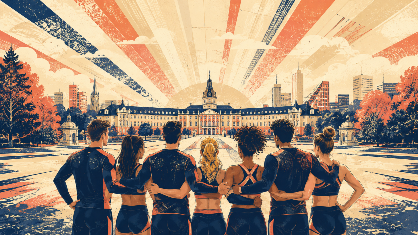 Illustration eines Cheer-Teams mit Blick auf ein stilisiertes Karlsruher Schloss; kein Veranstaltungsfoto.